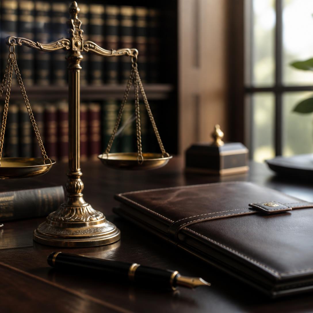Balança da justiça em mesa de escritório